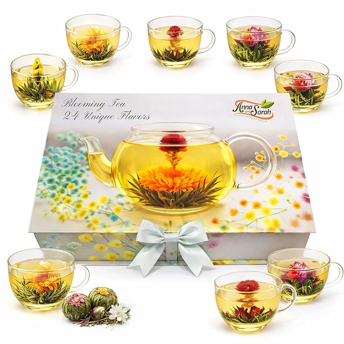 Blooming Tea &amp Edible Flower Infusions Green Tea 24 Unique Flavors Gift Set for Everyone – Natural Floral &amp Aromatic Teas in Extra Large Premium Gift Box