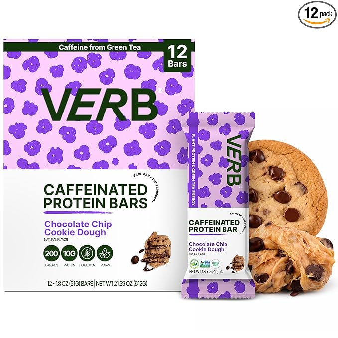 Verb Energy - Caffeinated Protein Bars Chocolate Chip Cookie Dough 190-Calorie Low Sugar 10g Protein Bar - Vegan Snacks - Gluten Free Breakfast Bars with Organic Green Tea 51g Per Bar (Pack of 12)