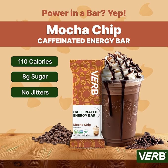 Verb Caffeinated Energy Bars Mocha Chip (26g Pack of 16) 110-Calorie Delicious Low Sugar Energy Bar - Vegan Gluten Free On-the Go Snack with 80mg Green Tea Caffeine Only Real-Food Ingredients