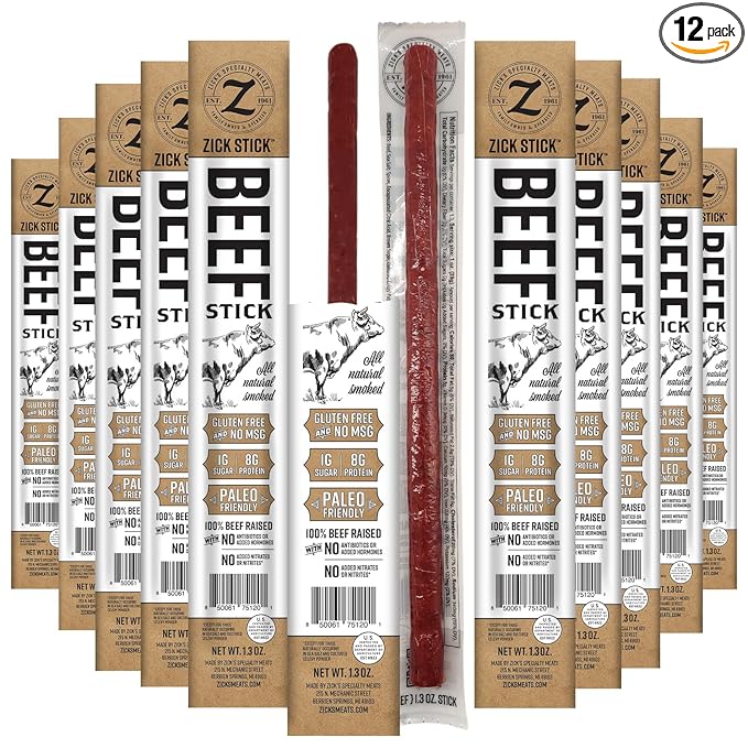 Zick's Hardwood Smoked Original Beef Meat Snacks 1.3oz | Gluten-Free Paleo Friendly No Hormones or MSG High Protein Clean Ingredients On-the-Go Individually Wrapped Sticks | Beef - 12 Pack