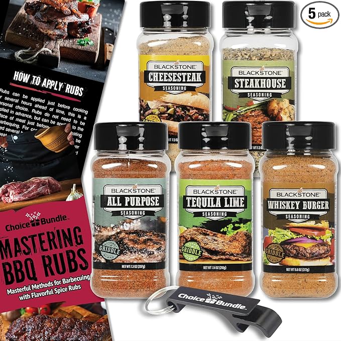 Blackstone Whiskey Burger Steakhouse Tequila Lime All Purpose Cheesesteak Premium Barbecue Griddle Seasoning Rub 5 Pk (38.9 oz) + BBQ Masters &amp Opener (7 Items)!