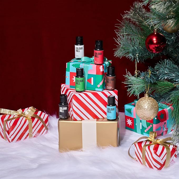 Colour Mill Aqua Blend Water-Based Food Coloring 20 Milliliter Holiday Pack Each of 6 Colors: White Sky Blue Green Black Chocolate and Red Holiday Pack 120.0 milliliters 4.06 Fl Oz