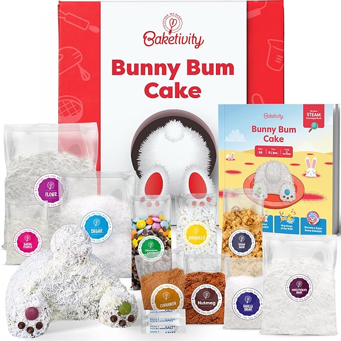 Baketivity Bunny Bum Cake - Kids Baking Kit with Premeasured Ingredients Step-by-Step Instructions STEM Lessons - Cake and Cupcake Decorating Kit for Kids - Cooking and Baking Kit - Best Easter Gift