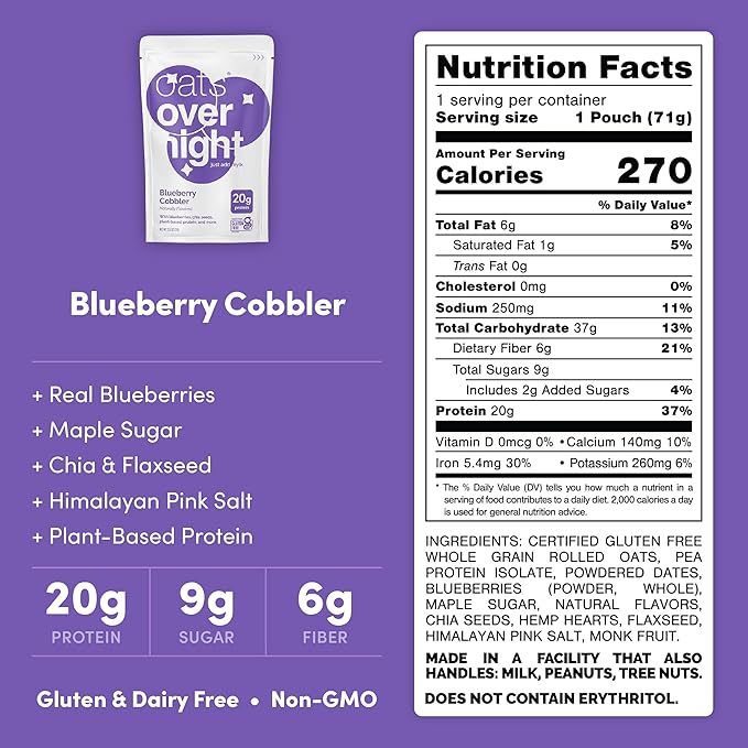 Oats Overnight - Blueberry Cobbler - Vegan 20g Protein High Fiber Breakfast Shake - Gluten Free Non GMO Oatmeal (2.5 oz per meal) (24 Pack)