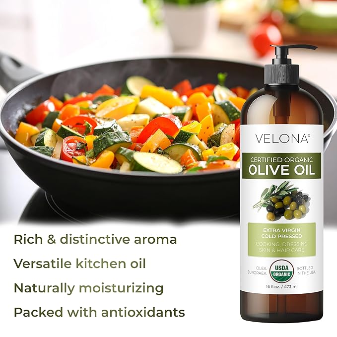 velona USDA Certified Organic Olive Oil - 16 Fl Oz | 100% Pure and Natural Carrier Oil | Extra Virgin Unrefined Cold Pressed | Cooking Dressing Face Hair Body &amp Skin Care | Use Today - Enjoy