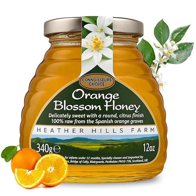 Heather Hills Farm Raw Spanish Orange Blossom Honey 12 Oz (Pack of 4) | Pure Natural Artisan Monofloral Honey from Spain in Glass Jar | Unfiltered &amp Unpasteurized Delicately Sweet Citrus Finish