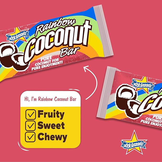 Atkinson's Rainbow Coconut Bar - Fresh Coconut and Tropical Flavored Treat - Gluten Free Kosher Vegan - 1.65 oz. Bar - 24 Count Pack