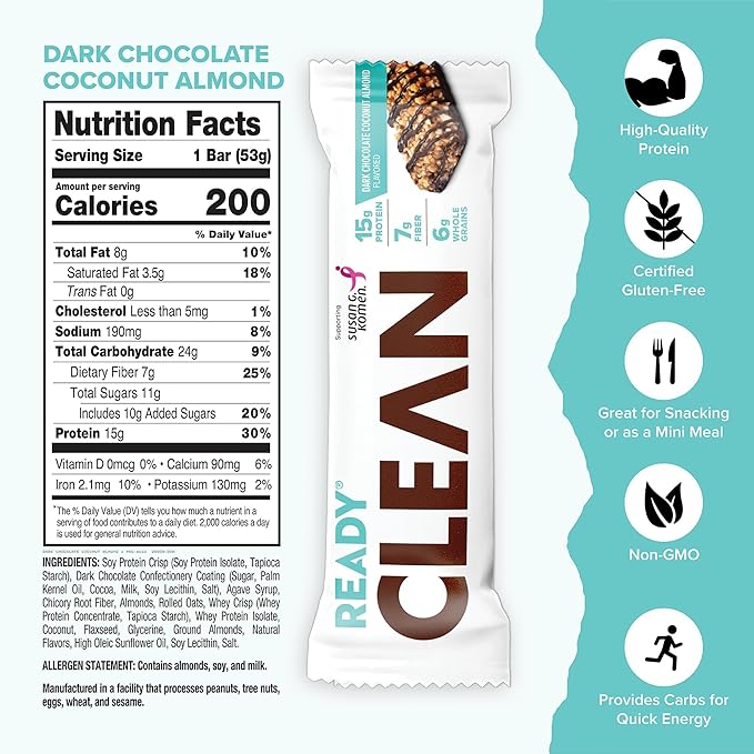 Ready® Protein Bars – High-Protein Snack with 15g Whey Protein With Flaxseeds and Omega-3s for Sustained Energy Supports Lean Muscle and Recovery No Artificial Sweeteners – Dark Chocolate Coconut A