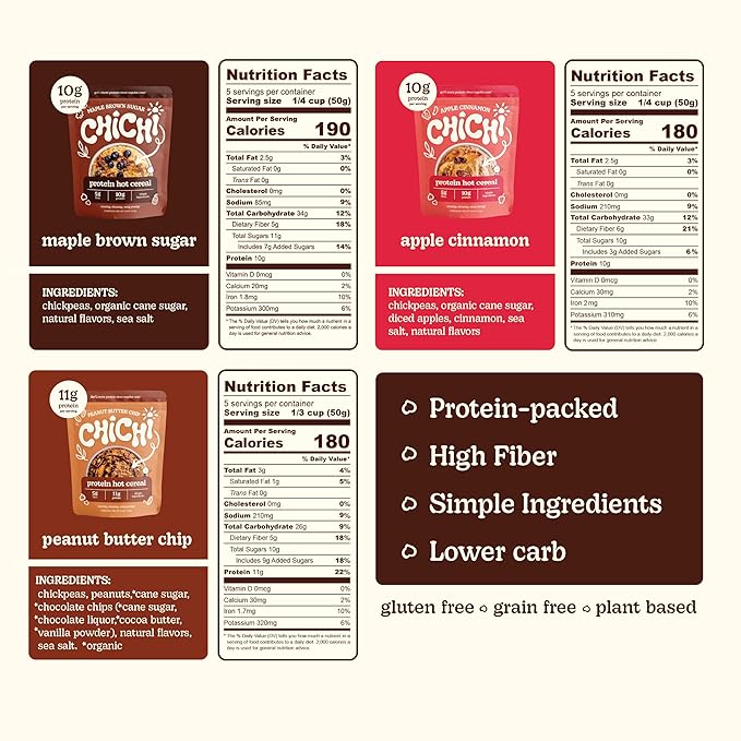 ChiChi – Protein Hot Cereal | Apple Cinnamon Maple Brown Sugar Peanut Butter Chip (3 pack (15 servings) Multipack) —Made with Chickpeas Protein-Packed (11g) High Fiber Made with Simple Ingredien