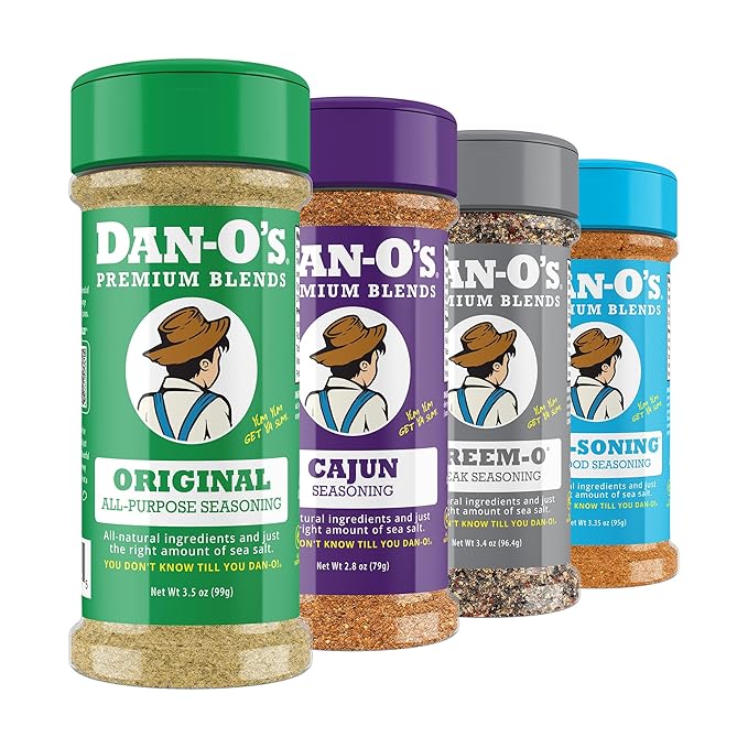 Dan-O's 4 Bottle Seasoning Set Small Bottles 4 Pack Includes Original Preem-O SEA-soning and Cajun Seasonings Sugar Free Zero Calorie Use this Seasoning Kit to Craft a Marinade Rub or Sauce