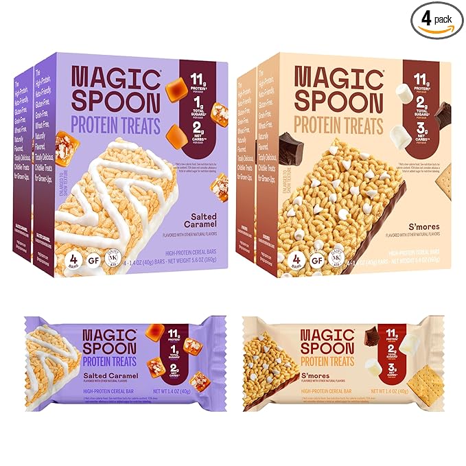 Magic Spoon Treats - 16 High Protein Bars: 8 Salted Caramel &amp 8 Smores - High Protein Gluten Free Snack - Sugar &amp Gluten Free Protein Cereal Bar - Low Carb Keto Friendly - Healthy Snacks