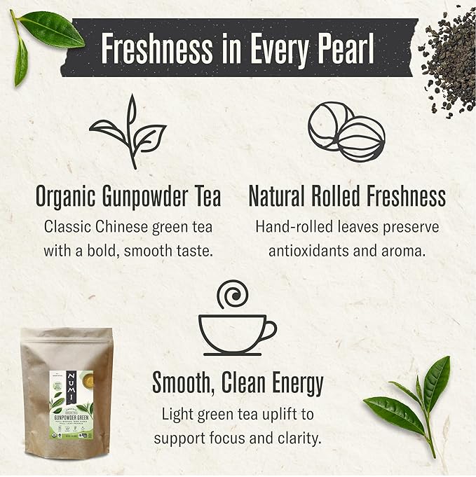 Numi Gunpowder Loose Leaf Green Tea - Organic Tea Leaves - 16 Ounces - Brews 200 Cups - Medium Caffeine Green Tea