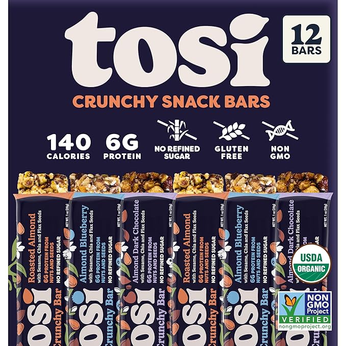 Tosi Almond Variety Pack Protein Bars Plant Based with Nuts Gluten-Free Crunchy Snacks Vegan Organic Flax &amp Chia Seeds Soy-Free Omega 3s 5G Protein 1 oz 12-Pack