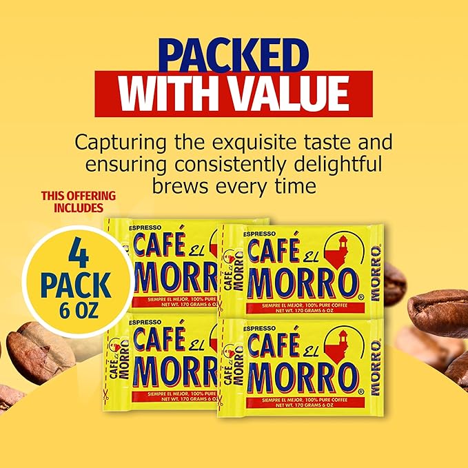 Café El Morro Dark Roast Espresso Ground Coffee Bulk Coffee Authentic Puerto Rican Style Coffee Vacuum Sealed Ground Espresso Beans 6 oz (4-Pack)