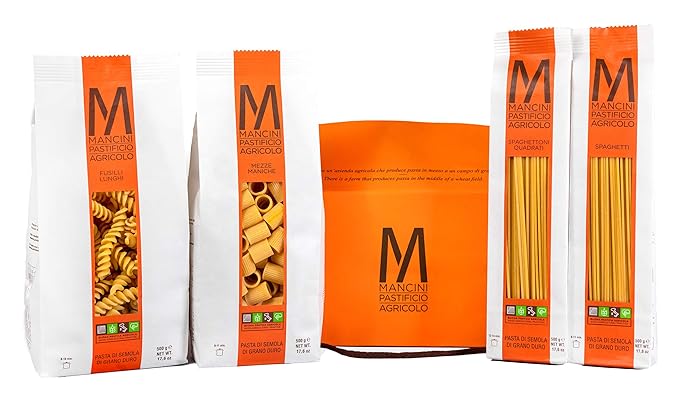 Mancini Pastificio Agricolo Pasta Mancini Handy Mini Gift Box - Includes Mezze ManicheFusilli LunghiSpaghetti and Spaghettoni Quadrati