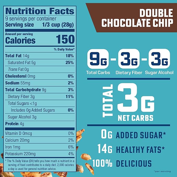 B. Fine Foods - Keto Granola High Protein Snack - Double Chocolate Chip - Breakfast Blend of Coconut Seeds &amp Nuts - 3g Net Carbs Gluten &amp Grain-Free Kosher &amp Contains Nuts (9oz 2 Pack)