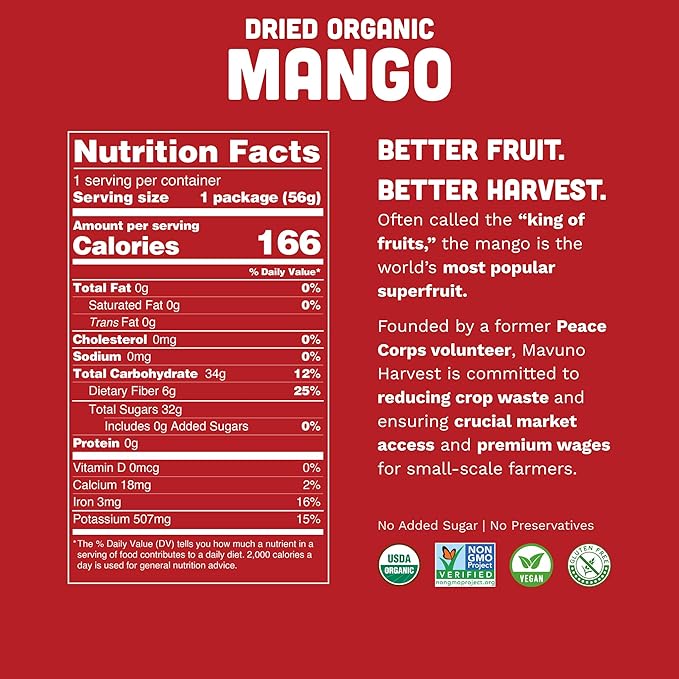 Mavuno Harvest Mango Dried Fruit Snacks | Unsweetened Organic Dried Mango Slices | Gluten Free Healthy Snacks for Kids and Adults | Vegan Non GMO Direct Trade | 1 Pound Resealable Bag