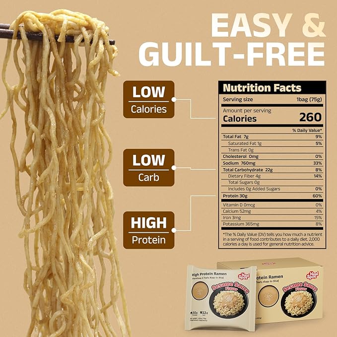 HealSpot High Protein Instant Ramen 30g Plant Based Protein Low Fat Low Carb Non GMO Keto Friendly Plant Based Dry Mixed Ramen 6 Packs of Sesame Sauce Flavor