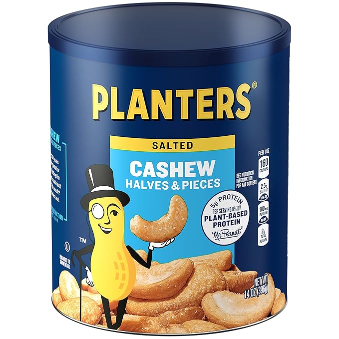 PLANTERS Salted Cashew Halves &amp Pieces Party Snacks Plant-Based Protein 14 Oz Canister (Pack of 2)