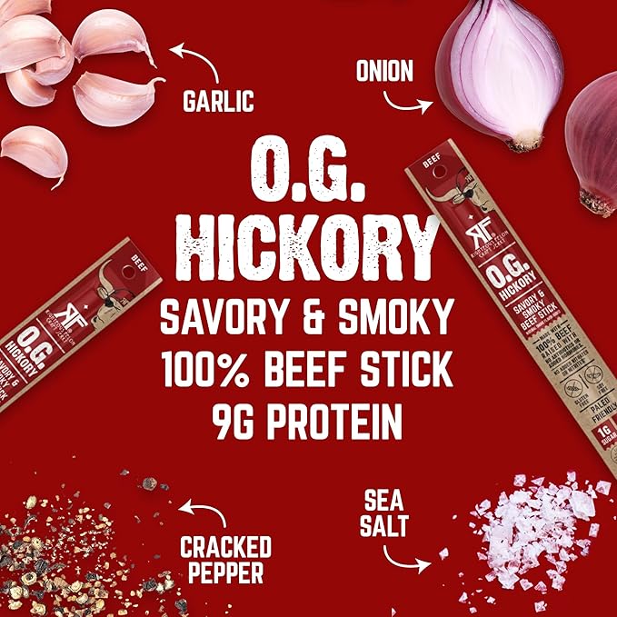 Righteous Felon Meat Sticks | 100% Grass Fed Beef | 9g Protein per Stick | Keto Gluten-Free Low Sugar High Protein Snack Sticks | Individually Wrapped | OG Hickory Beef Sticks 10 Count