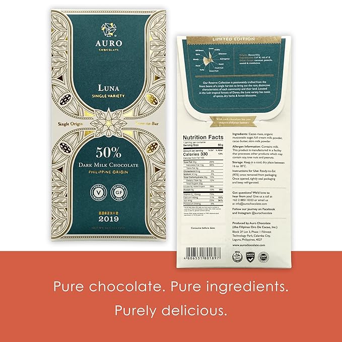 Auro Reserve Luna Dark Milk 50% Milk Chocolate 3 Pack - Filipino Chocolate - Premium Made At Origin Direct Trade Bean-to-Bar Woman Owned BIPOC Owned - Halal - Bundle