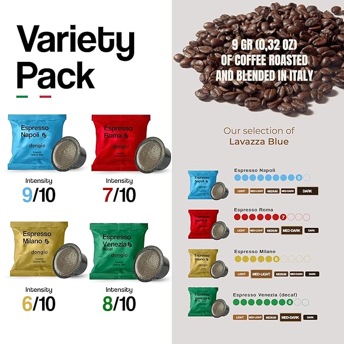 Dongiò Caffè Variety Pack - Capsules compatible with Lavazza Blue® machines – Napoli Roma Milano &amp Venezia (decaf) – Roasted and Blended in Italy