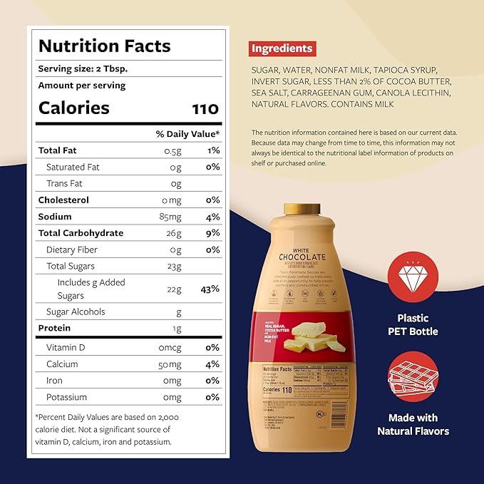 Torani Puremade White Chocolate Sauce for Coffeehouse Drinks and Desserts Large 4lb Bottle Pump Included 64 Fl Oz