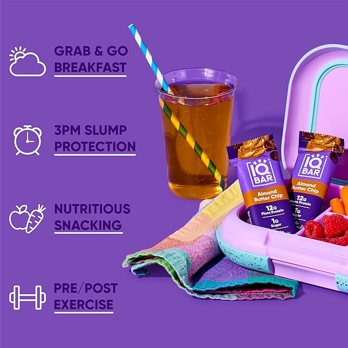 IQBAR Clean Plant Protein Bars - Almond Butter Chip - 12 Count - Keto Vegan High Fiber Gluten and Dairy Free Low Sugar Snack - Brain and Body Nutrients for Focus Energy Meal Replacement