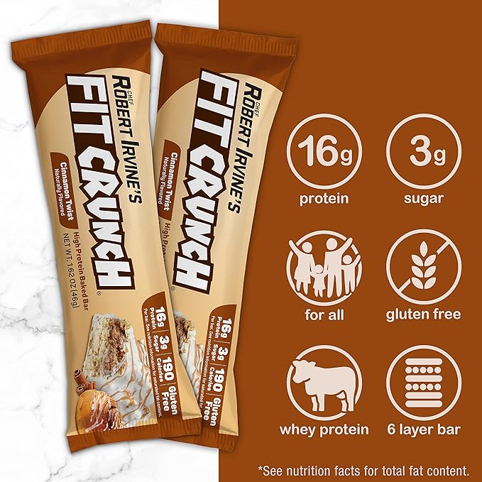 FITCRUNCH Snack Size Protein Bars 6-Layer Baked Bar 3g of Sugar &amp Soft Cake Core (18 Bars Cinnamon Twist)