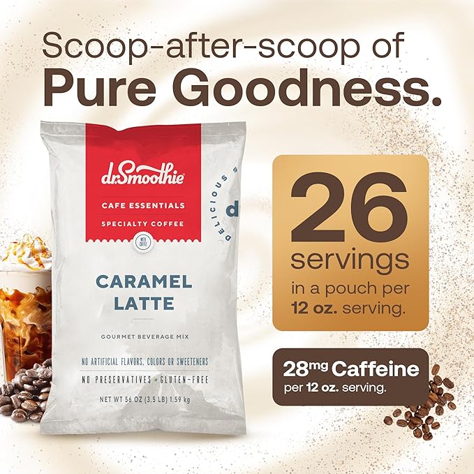 Dr. Smoothie Café Essentials Caramel Latte – No Artificial Colors Flavors Sweeteners – Shelf Stable – 28mg of Caffeine per Serving – Great for Hot Iced &amp Frozen Frappes (3.5 lb Bag 26 Serving
