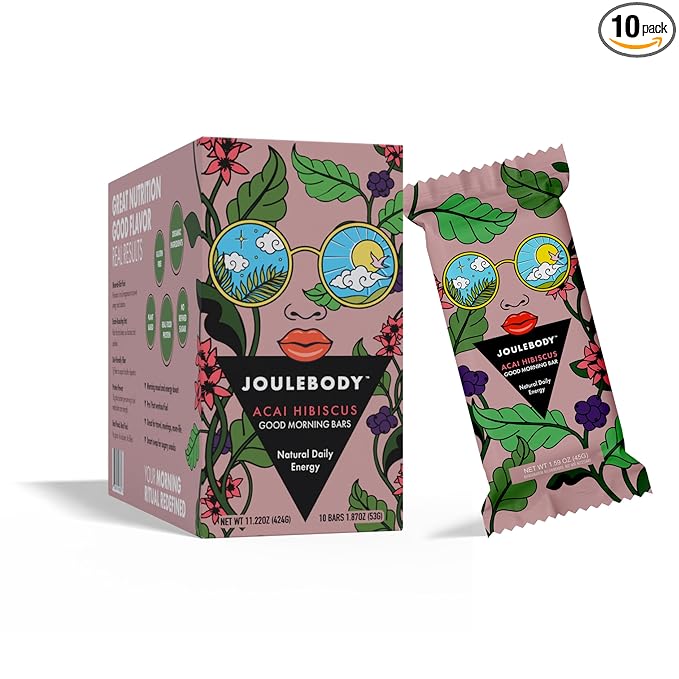 Joulebody Acai Hibiscus Good Morning Bars Meal Replacement Bars Plant Based Gluten-Free Organic Ingredients 10 Bars per Box