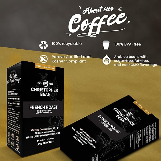 Christopher Bean Coffee - 396 servings 30 to 1 Blend Bag in Box Liquid Instant Coffee or Cold Brew Coffee Concentrate - Hot or Iced Coffee - French Roast