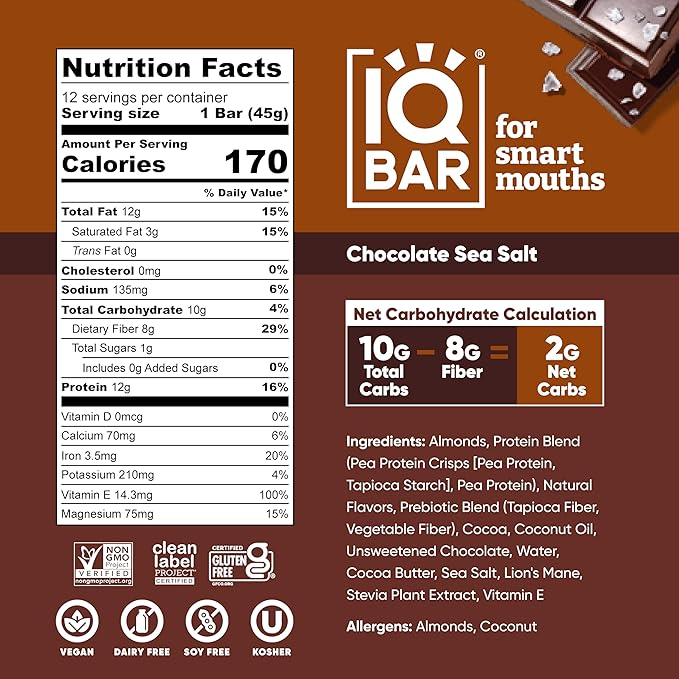 IQBAR Clean Plant Protein Bars - Chocolate Sea Salt - 24 Count - Keto Vegan High Fiber Gluten and Dairy Free Low Sugar Snack - Brain and Body Nutrients for Focus Energy Meal Replacement