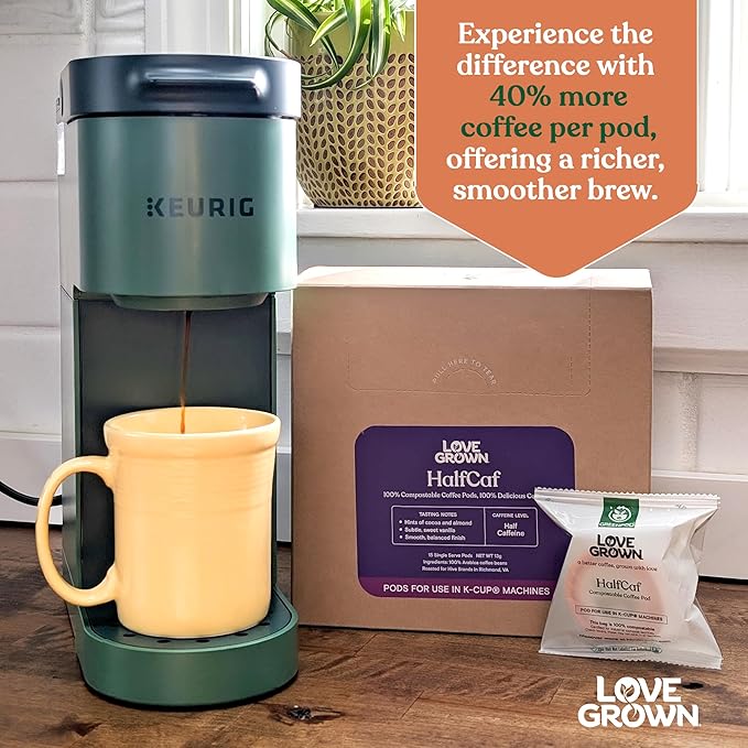 Love Grown Compostable Coffee Pods - Compatible With Most Major Coffee Pod Brewer - 100% Arabica Plastic-Free Non-GMO - Half-Caf Box of 15