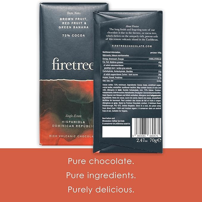 Firetree Hispaniola Dominican Republic 72% Dark Chocolate 3 Pack - UK Chocolate - Premium Craft Artisanal Direct Trade Single Origin Bean-to-bar - Vegan Keto Paleo Kosher Halal Soy-Free Glu