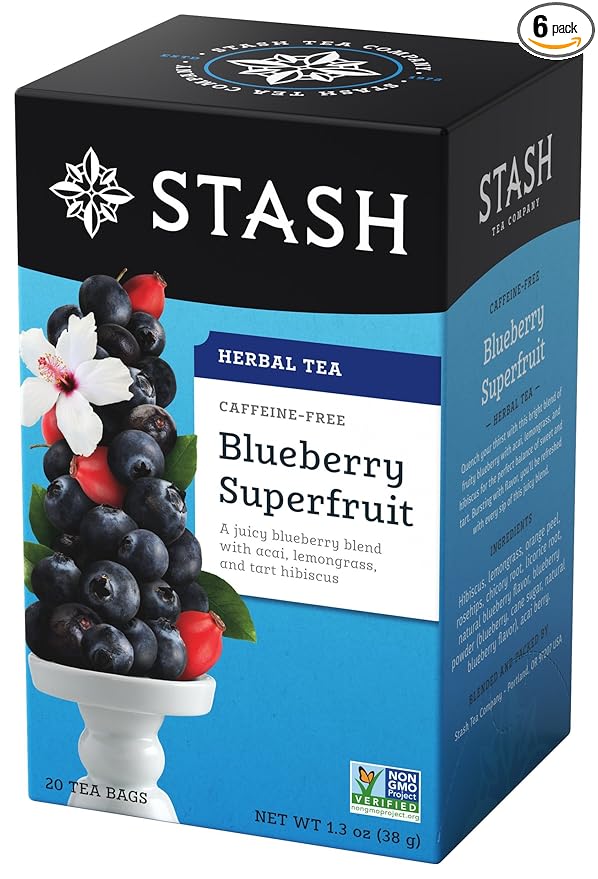 Stash Tea Blueberry Superfruit Herbal Tea - Naturally Caffeine Free Non-GMO Project Verified Premium Tea with No Artificial Ingredients 20 Count (Pack of 6) - 120 Bags Total