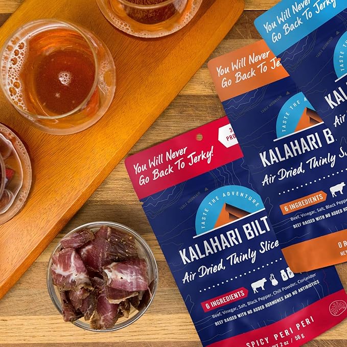 Kalahari Biltong | Air-Dried Thinly Sliced Beef | Spicy Peri Peri | 2oz (Pack Of 5) | Sugar Free | Keto &amp Paleo | Gluten Free | Better Than Jerky