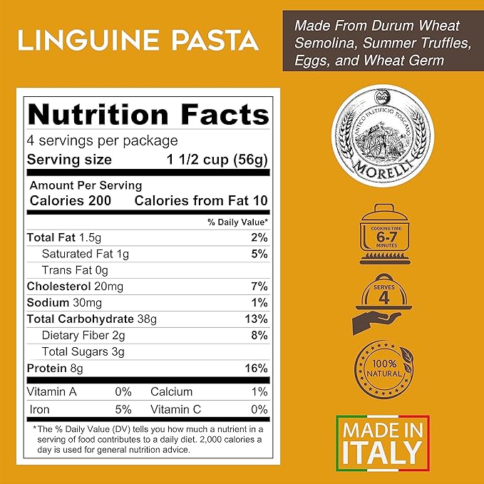 Morelli Italian Truffle Linguine Pasta - Gourmet Organic Pasta Handmade in Small Batches Imported from Italy Made With Durum Wheat Semolina - 8.8 oz / 250 g (16 Pack)
