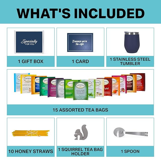 Tea Gifts for Women – Sampler Gift Basket with 15 Unique Blends Honey Sticks Stainless Tumbler &amp Gift-Ready Box (Blue/Blue box)