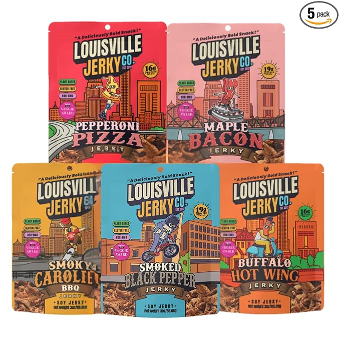 Louisville Jerky Co. Vegan Jerky Variety Pack Plant Based Protein Snack (3 Ounce 5-Pack) – Smoky Carolina BBQ Buffalo Hot Wing Maple Bacon Pepperoni Pizza Smoked Black Pepper
