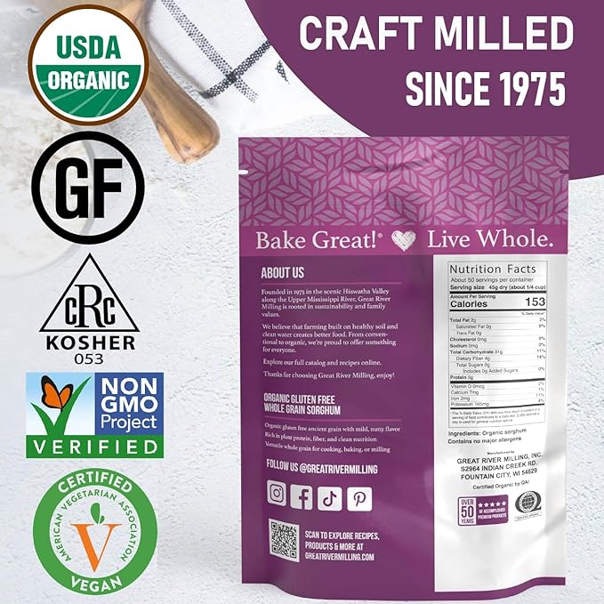 Great River Milling Whole Grain Sorghum | High-Protein Ancient Grain | Non-GMO Kosher Certified | Ideal for Salads Pilaf Porridge Baking &amp More | 5 Lb