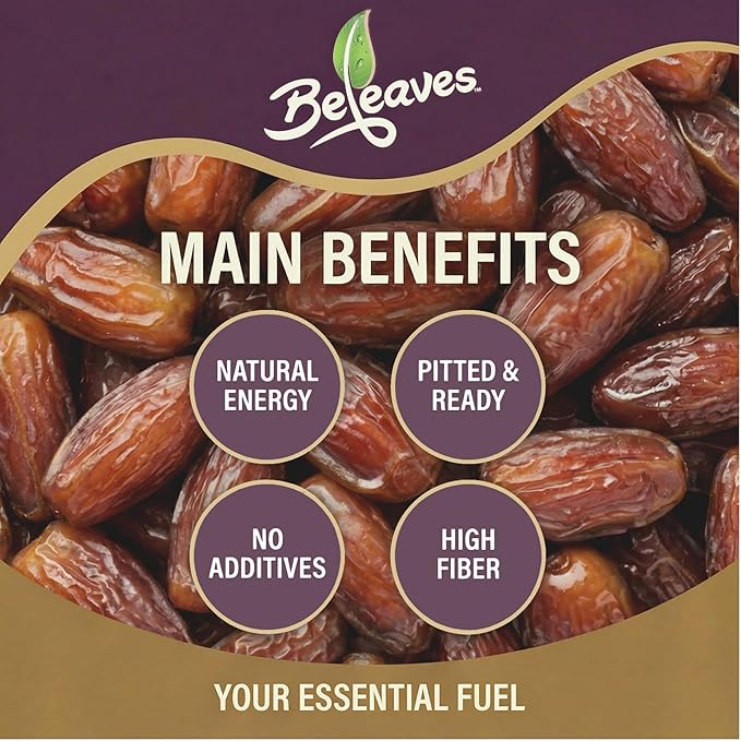 Beleaves Deglet Noor Pitted Power Dates 1.76 oz (12 Pack) | Single Serve Snack Pouches | Low Sodium High Fiber | Natural Energy Fruit Snack | No Added Sugar Gluten Free Vegan | Kosher