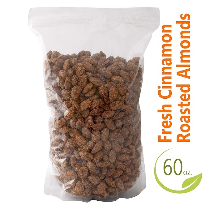 Cinnamon Roasted Almonds 60 oz (3.75 lb) - Candied Almonds Glazed with Cinnamon to Satisfy Any Sweet Tooth - Artisan Hand-Roasted Sweet Nuts by Pop’N Nuts