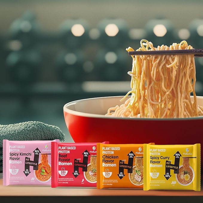 Hethstia High-Protein Ramen Variety Pack 8-Pack Instant Ramen Noodle Soup (Chicken Beef Spicy Kimchi Spicy Curry) 32g Plant-Based Protein Vegan Non-GMO Low Fat Pre-Packaged Quick Meal