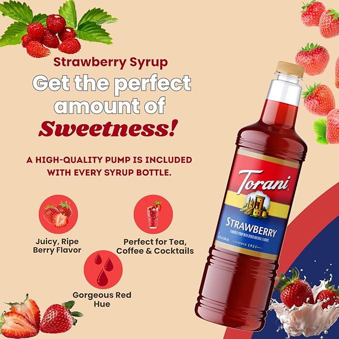 Torani Strawberry Syrup 1 Liter Bottle with Pump – Premium Drink Flavoring Made with Pure Cane Sugar &amp Natural Flavors for Coffee Cocktails Mocktails Lemonades &amp Desserts – Café-Quality Swe