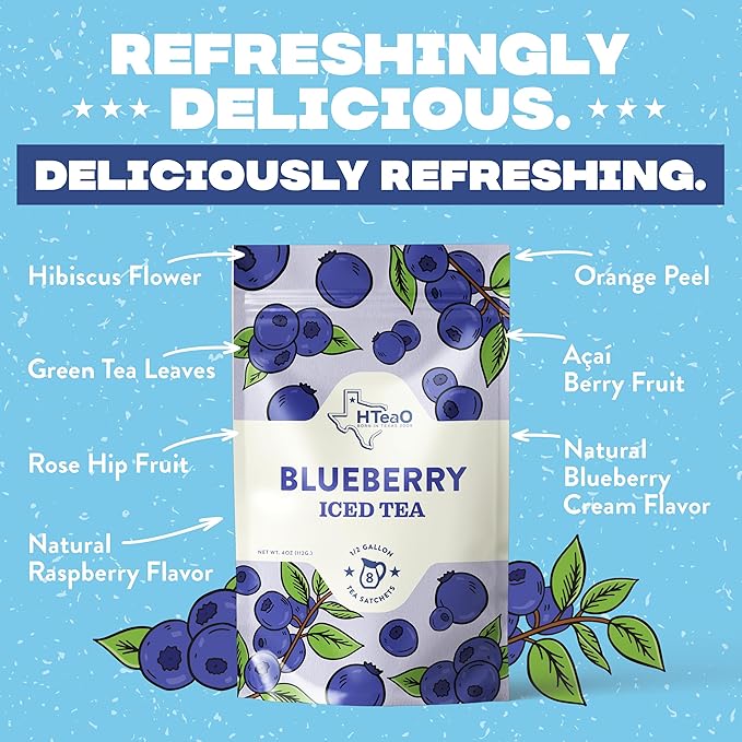HTeaO Blueberry Green Tea Packets– Makes 8 Gallons of Naturally Sweet Tea in 5 Minutes – Large Tea Sachets for Parties Family Gatherings &amp Groups – Texas-Style Iced Tea Packets for Quick Brew (1