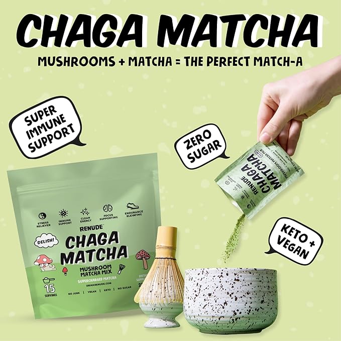 Renude Chaga Matcha - Chaga Mushroom Powder Superfood Drink Mix with Adaptogens Ceremonial Grade Mushroom Matcha Keto Vegan Sugar Free Natural Energy &amp Immune Support - 15 Servings per Bag