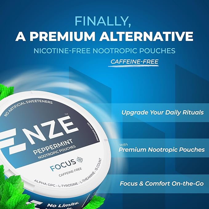 NZE Caffeine Free Nootropic Pouches (Peppermint) - Nootropic Pouches with Alpha GPC L-Tyrosine &amp L-Theanine - No Sugar or Artificial Sweeteners - 15 Nicotine Free Pouches Per Can - 5 Pack