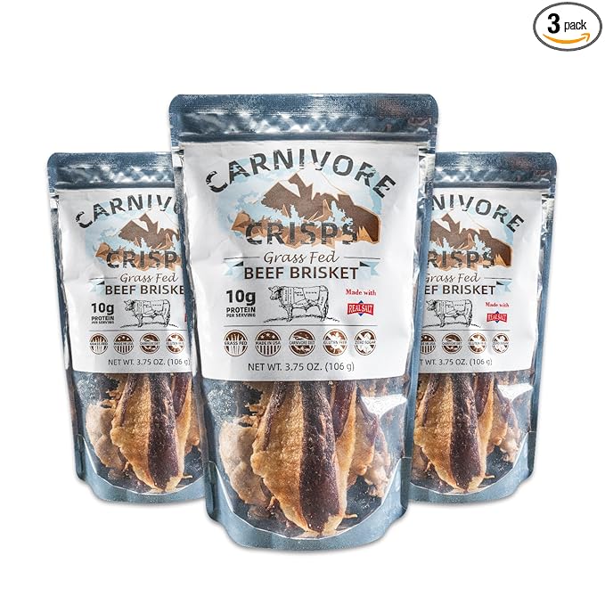 Carnivore Crisps Grass-Fed and Finished Beef Brisket Beef Crisps ZERO SUGARHigh Protein Keto &amp Carnivore Diet Approved Gluten-Free No Hormones 3.75 oz (Pack of 3)