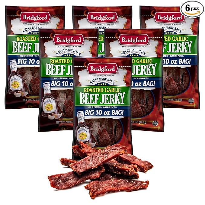 Bridgford Sweet Baby Ray's Beef Jerky Roasted Garlic 10 oz Pack of 6 - Healthy High Protein Beef Jerky for Your Dietary Preferences - Ready-to-Eat Snacks for On-The-Go Snacking and Busy Lifestyles